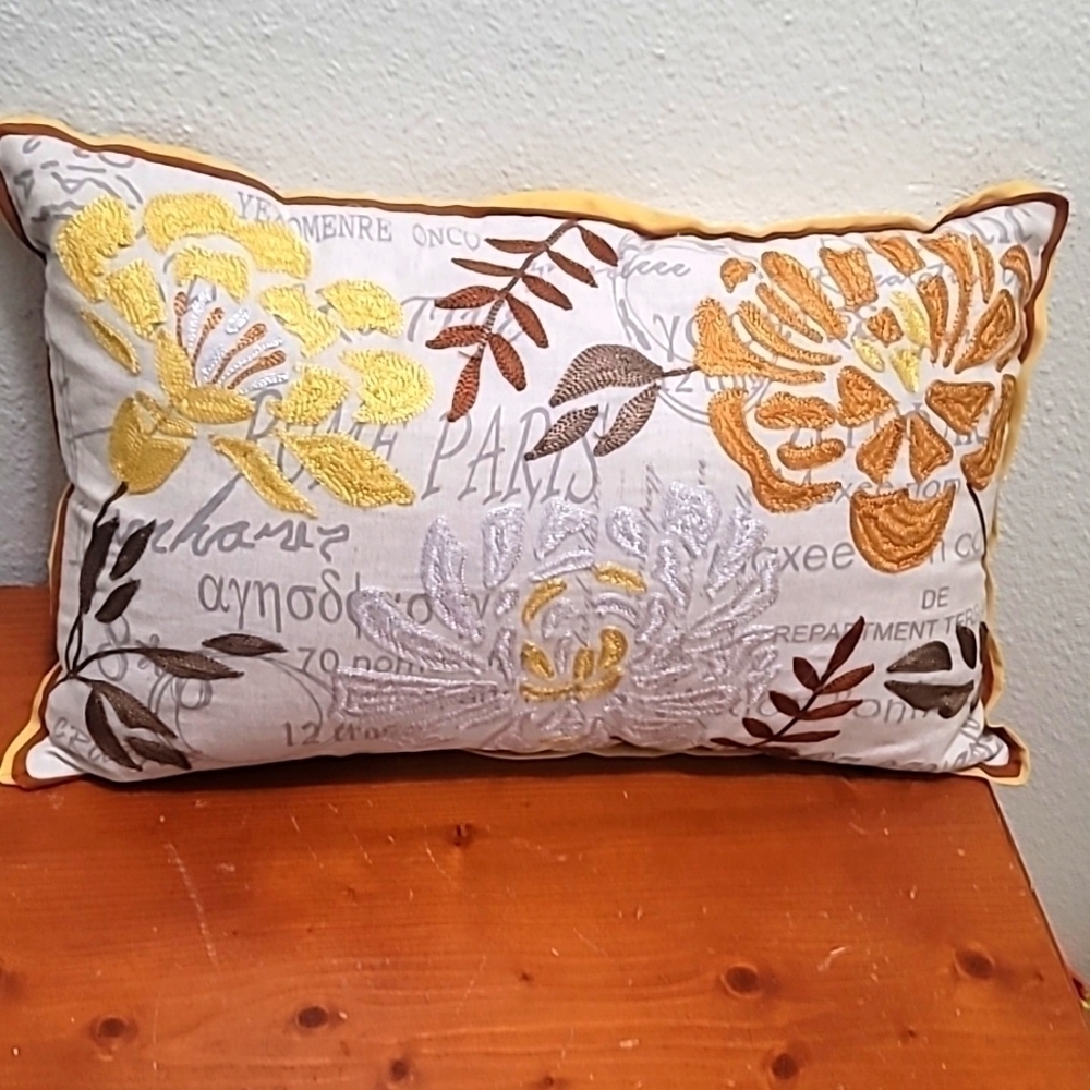 Pier 1 Floral Embroidered Lumbar Pillow Paris Script Yellow Gold 18x12‎ Accent